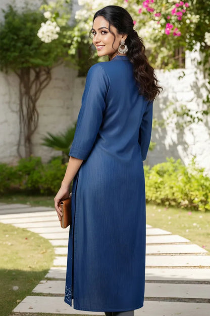 Exclusive Ban Collar Denim Kurti With Hand Embroidery