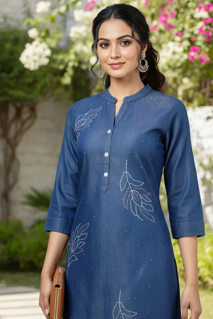 Exclusive Ban Collar Denim Kurti With Hand Embroidery