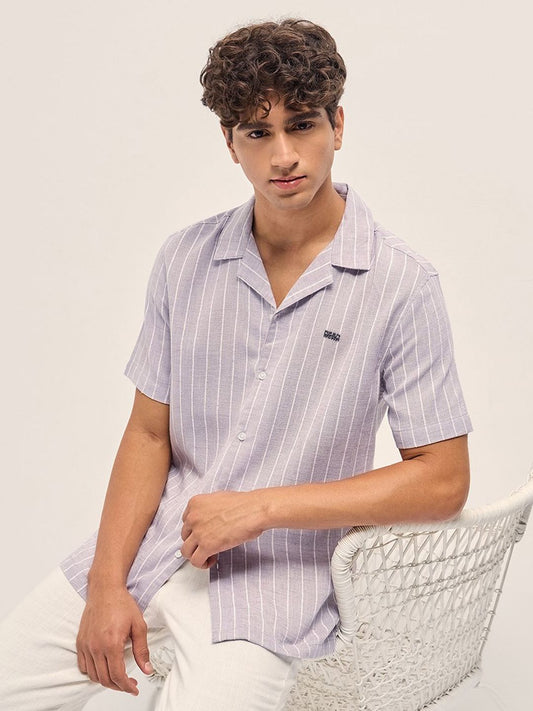 Men Vertical Striped Cuban Collar Linen Casual Shirt