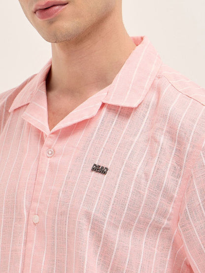Relaxed Fit Vertical Striped Short Sleeves Linen Shirt