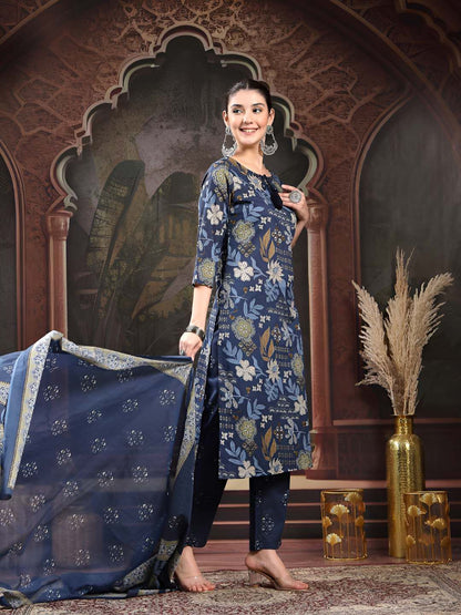 Women Floral Printed Cotton Kurta with Trousers & Dupatta
