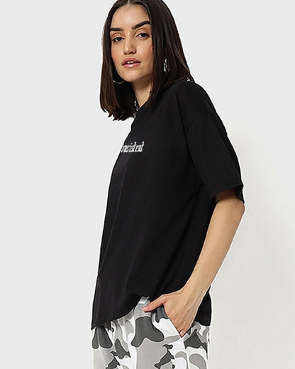 Women's Black Consistent Graphic Printed Oversized T-shirt