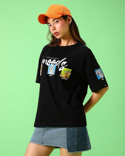 Women's Black Friends & Feelings T&J Graphic Printed Oversized T-shirt