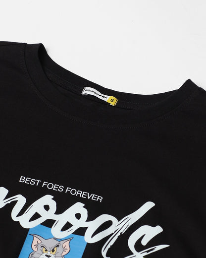 Women's Black Friends & Feelings T&J Graphic Printed Oversized T-shirt