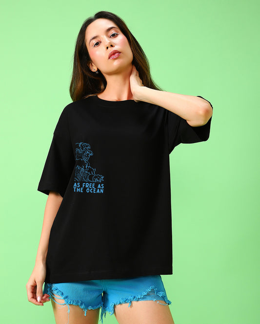 Women's Black Ocean Child Graphic Printed Oversized T-shirt