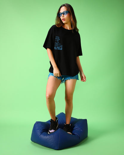 Women's Black Ocean Child Graphic Printed Oversized T-shirt