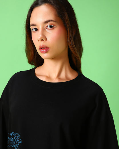 Women's Black Ocean Child Graphic Printed Oversized T-shirt