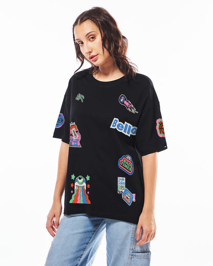 Women's Black Patch Minion Graphic Printed Oversized T-shirt