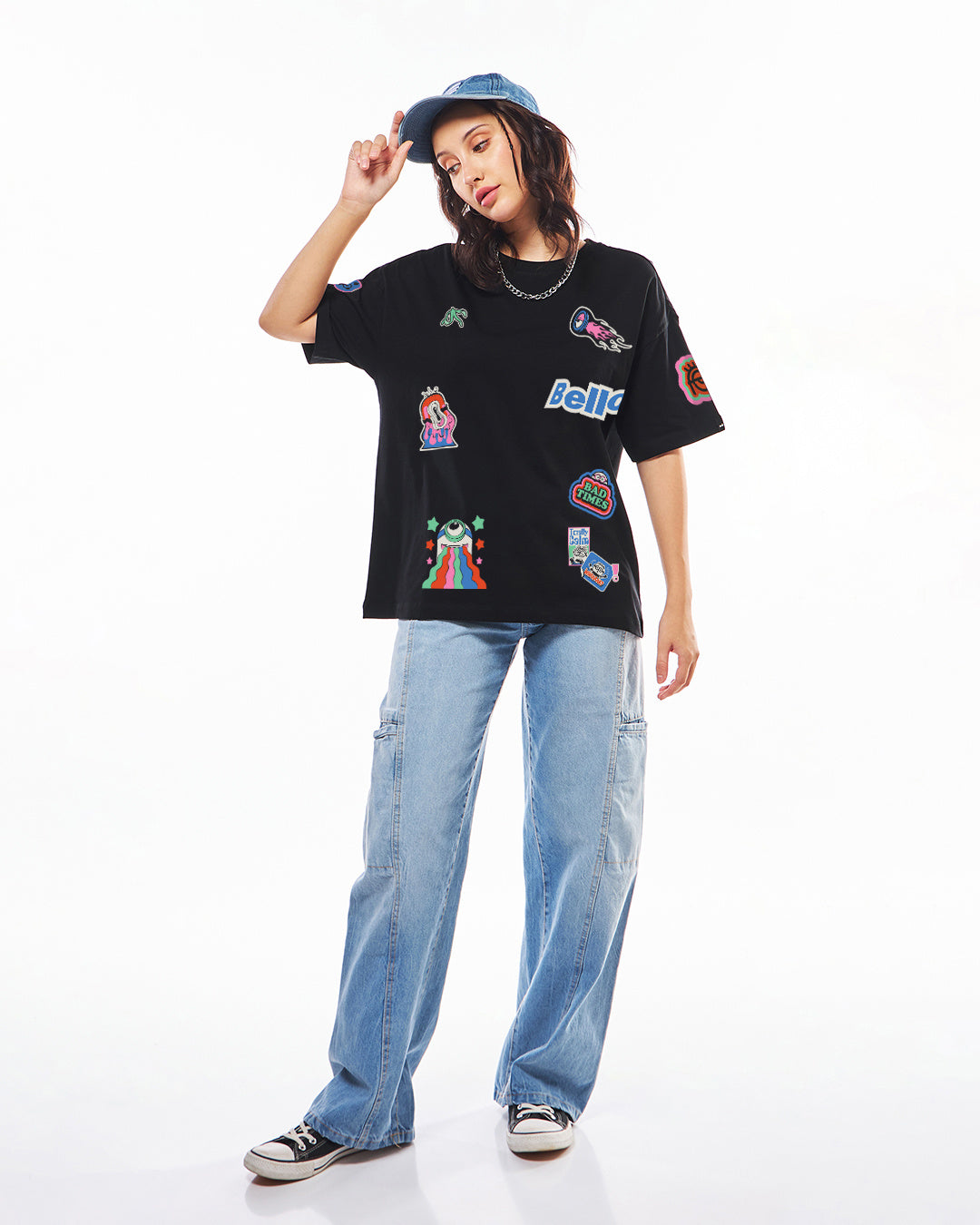 Women's Black Patch Minion Graphic Printed Oversized T-shirt