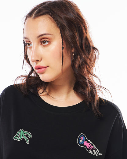 Women's Black Patch Minion Graphic Printed Oversized T-shirt