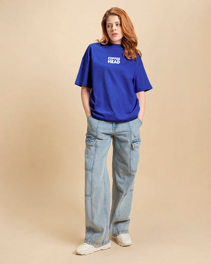 Women's Blue Coffee Head Graphic Printed Oversized T-shirt