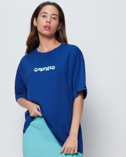 Women's Blue Lazy Garfield Graphic Printed Oversized T-shirt