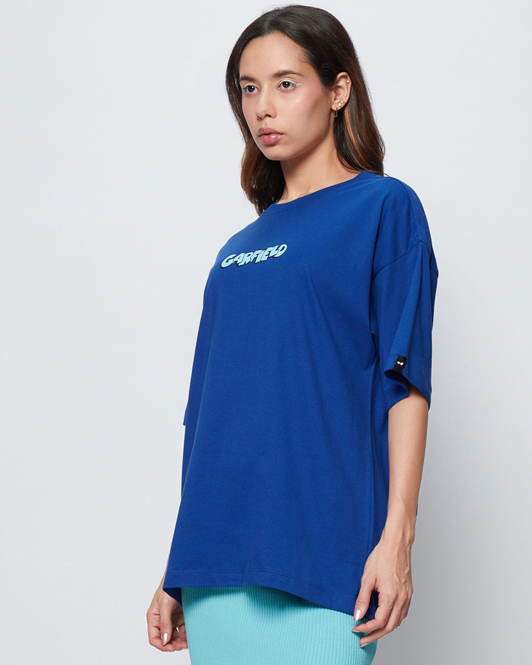 Women's Blue Lazy Garfield Graphic Printed Oversized T-shirt
