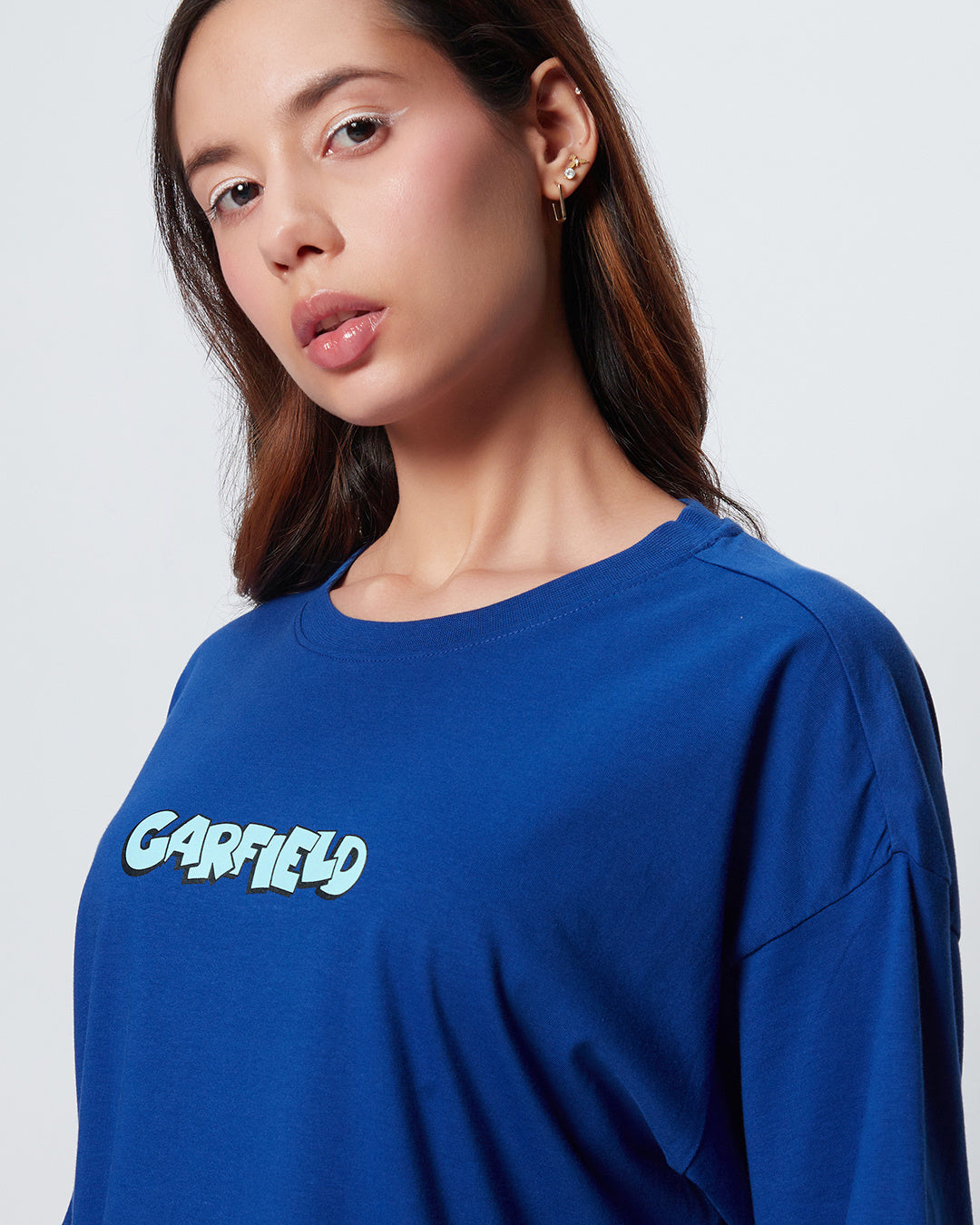 Women's Blue Lazy Garfield Graphic Printed Oversized T-shirt