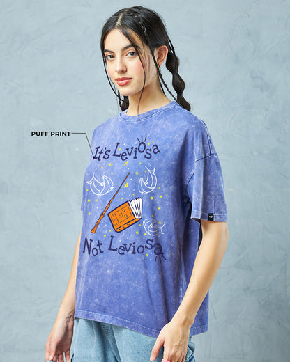 Women's Blue Leviosa Graphic Printed Oversized Acid Wash T-Shirt
