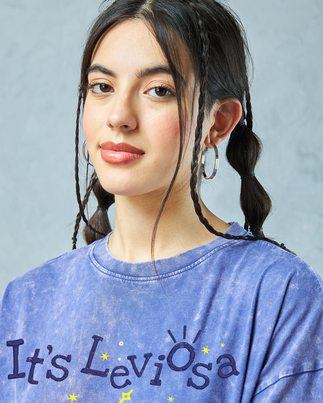 Women's Blue Leviosa Graphic Printed Oversized Acid Wash T-Shirt