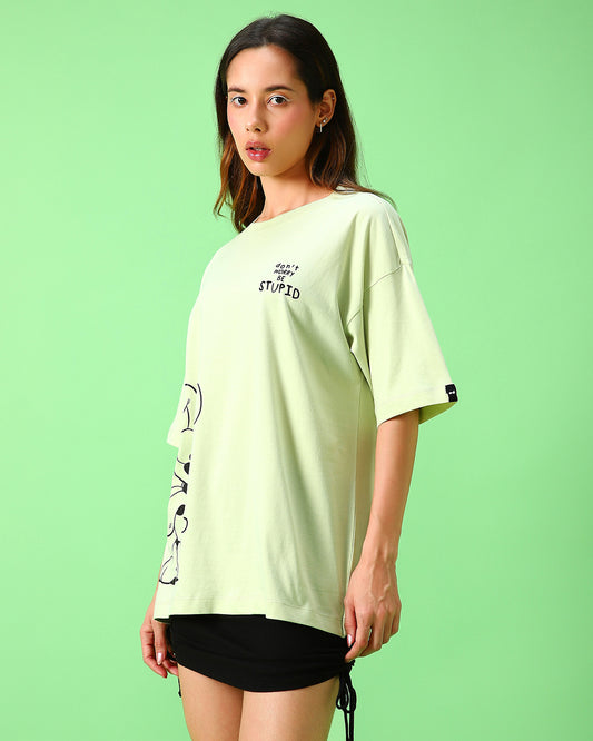 Women's Green Be Stupid Odie Graphic Printed Oversized T-shirt