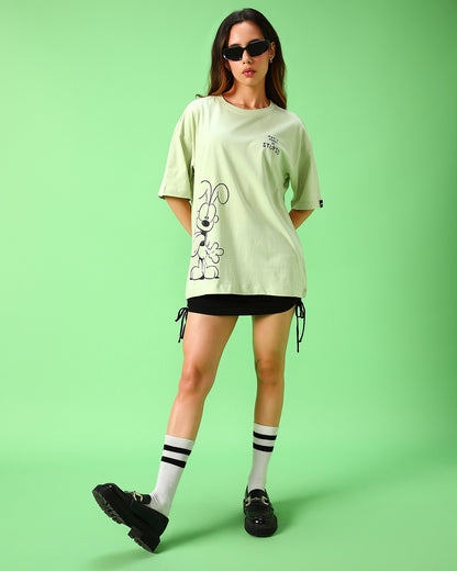 Women's Green Be Stupid Odie Graphic Printed Oversized T-shirt