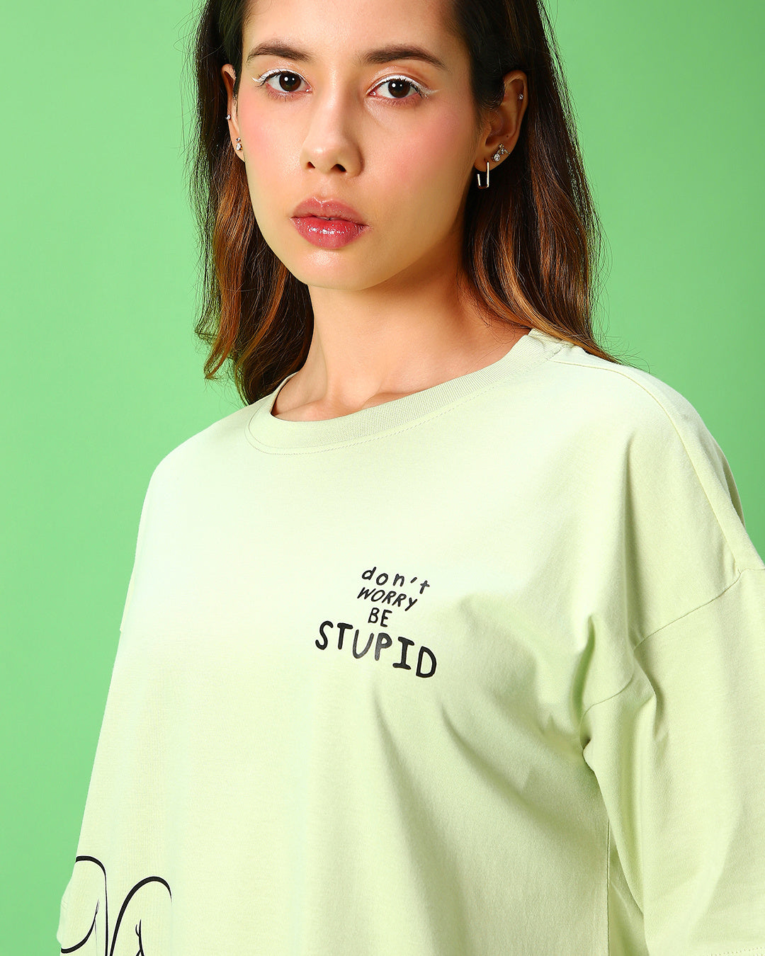 Women's Green Be Stupid Odie Graphic Printed Oversized T-shirt