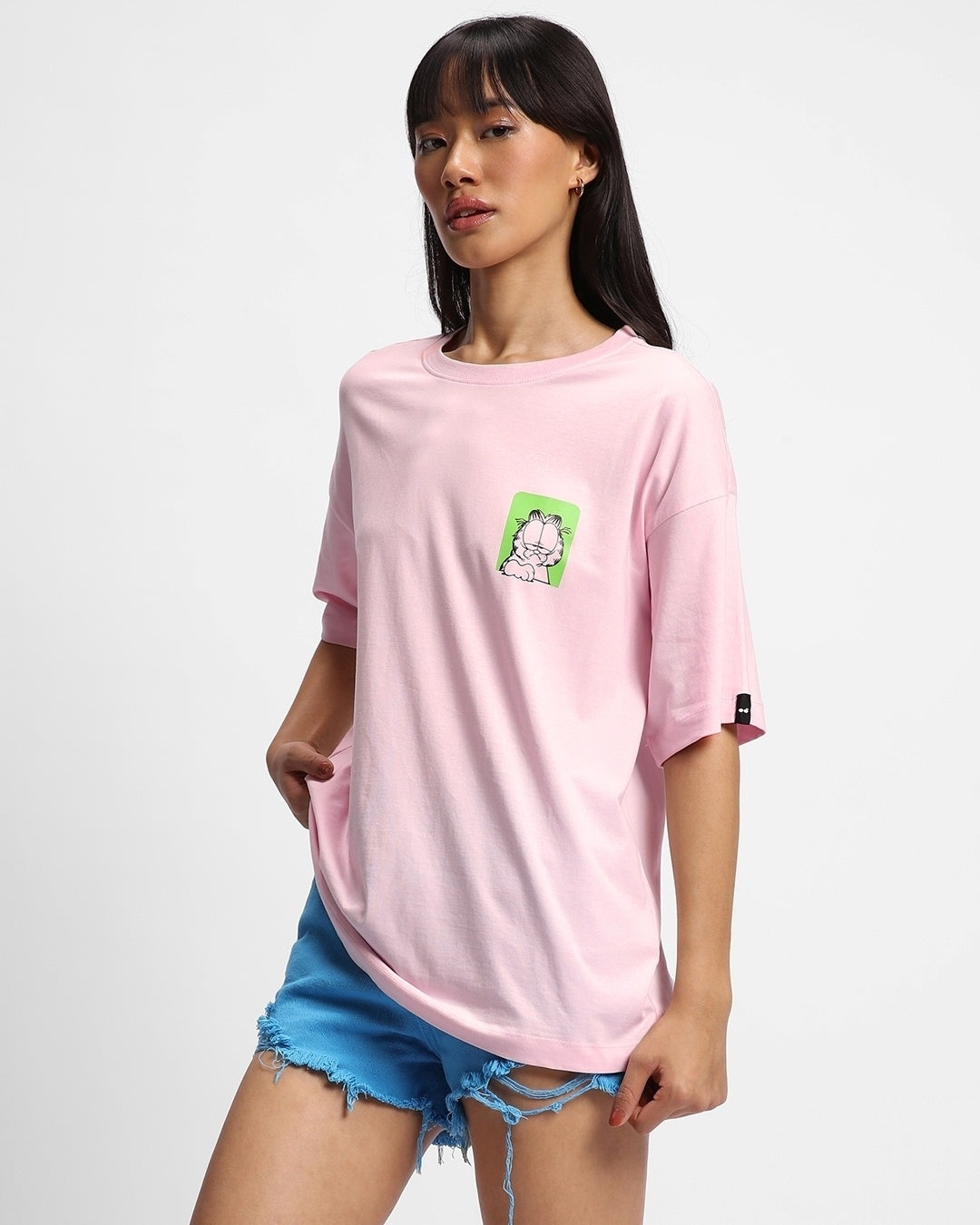 Women's Pink Garfield Hates Mornings Graphic Printed Oversized T-shirt