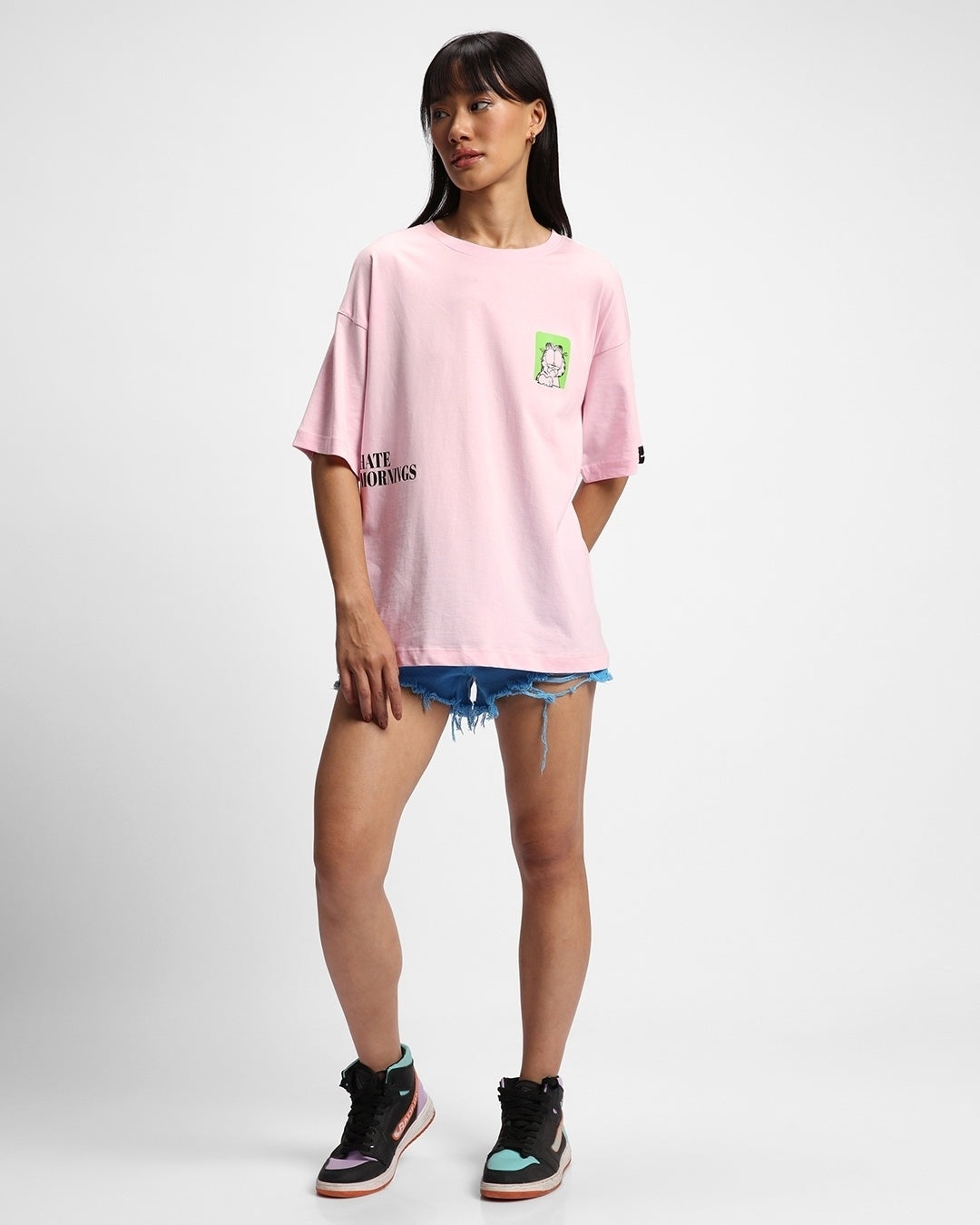 Women's Pink Garfield Hates Mornings Graphic Printed Oversized T-shirt