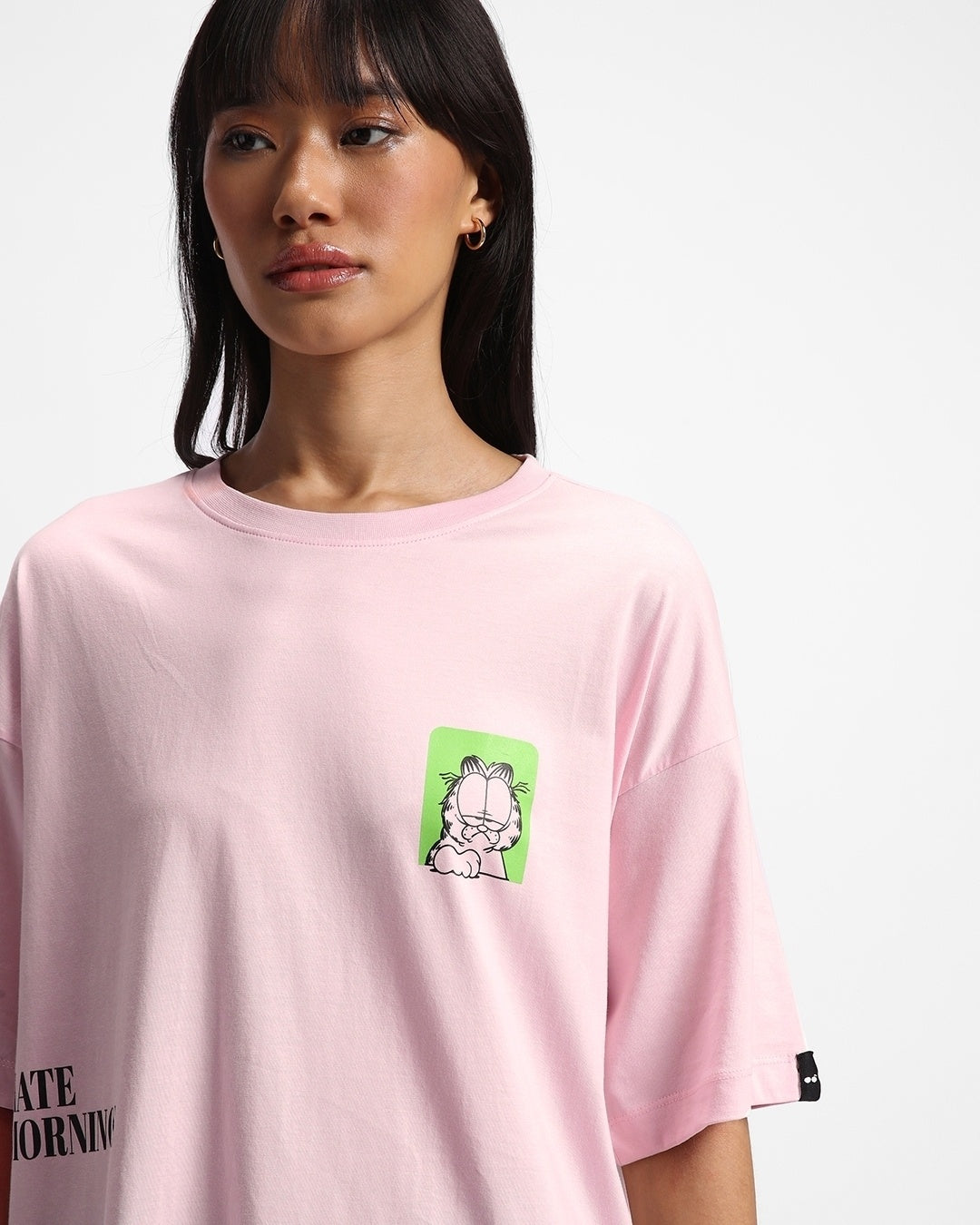Women's Pink Garfield Hates Mornings Graphic Printed Oversized T-shirt