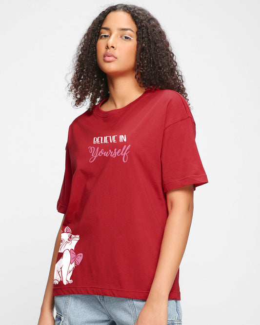 Women's Red Believe Cat Graphic Printed Oversized T-shirt