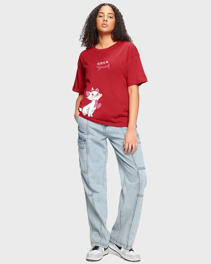 Women's Red Believe Cat Graphic Printed Oversized T-shirt