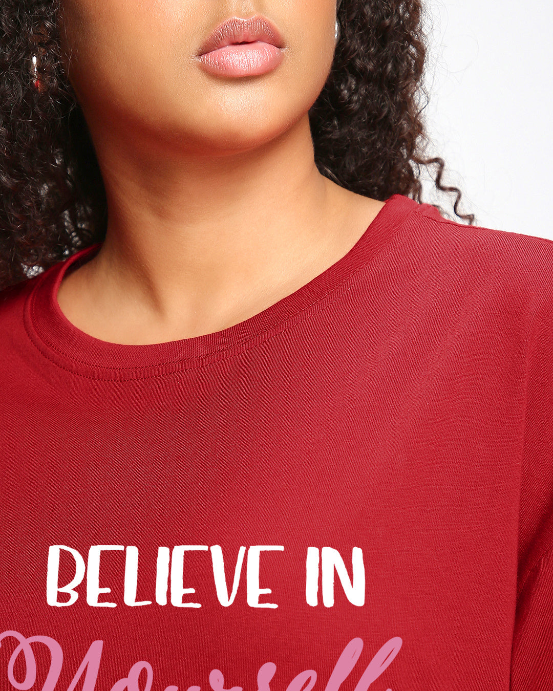 Women's Red Believe Cat Graphic Printed Oversized T-shirt