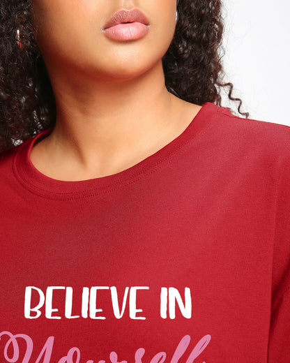 Women's Red Believe Cat Graphic Printed Oversized T-shirt