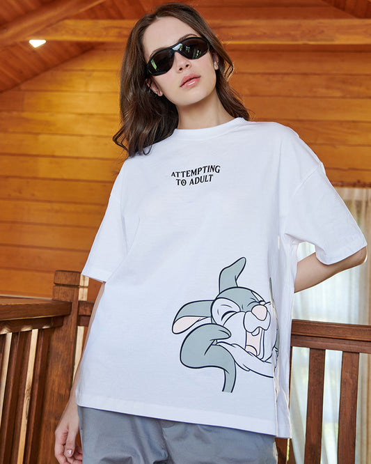 Women's White Attempting To Adult Graphic Printed Oversized T-shirt