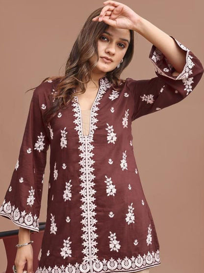 Embroidered Mandarin Collar Tunic With Trousers Co-Ords Set