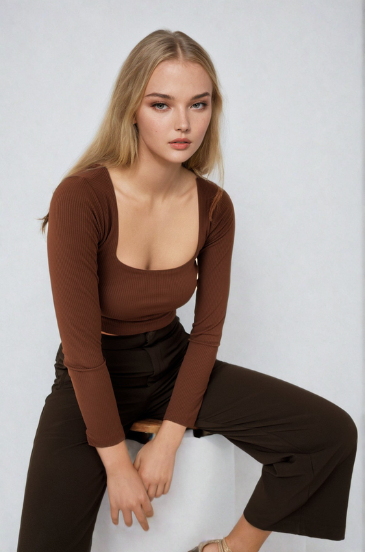 MWB Ribbed Square Neck Long Sleeve Top