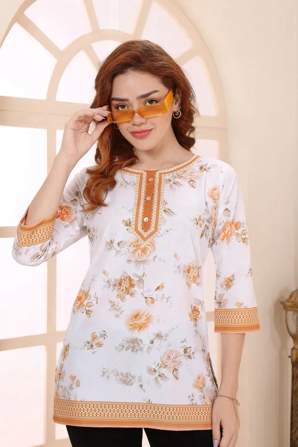 Yellow Blue Cotton Short Kurti Tunic Top with Floral Print for Women