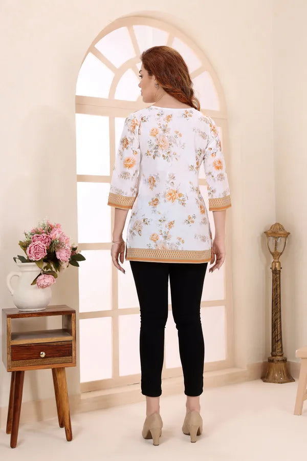 Yellow Blue Cotton Short Kurti Tunic Top with Floral Print for Women