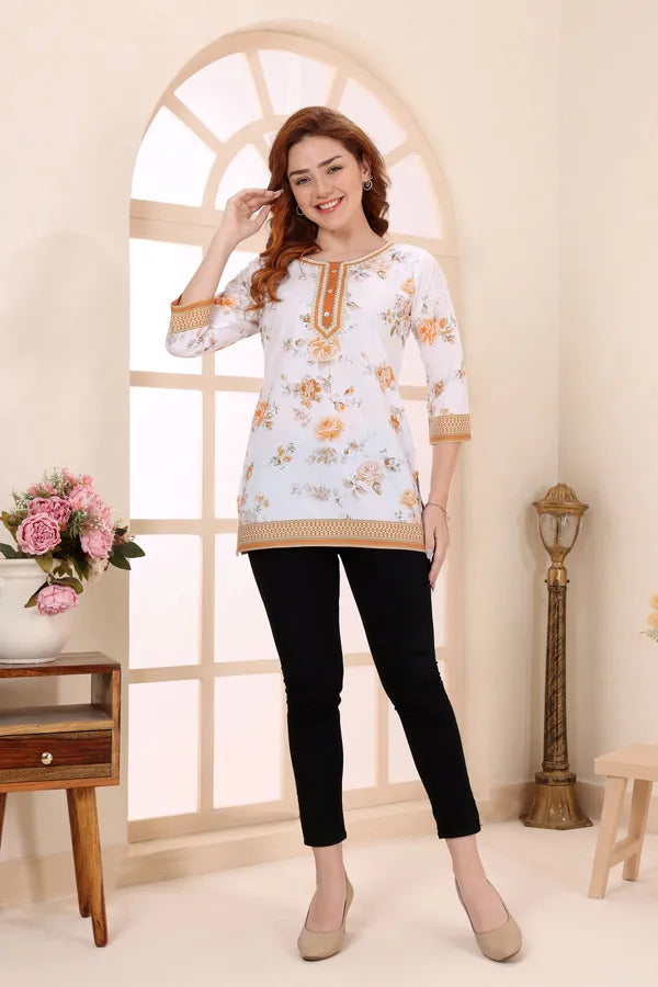 Yellow Blue Cotton Short Kurti Tunic Top with Floral Print for Women