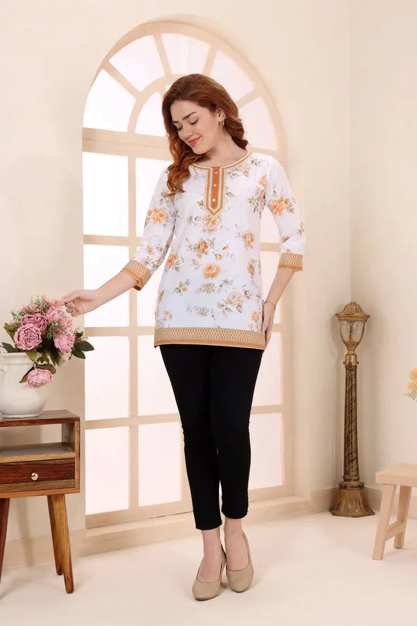 Yellow Blue Cotton Short Kurti Tunic Top with Floral Print for Women